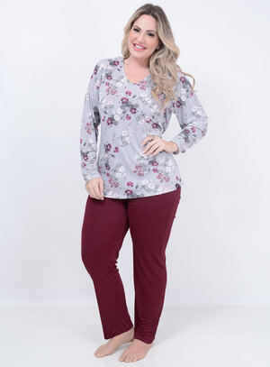 Pijama Longo Floral Bordô Plus Size