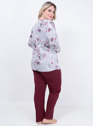 Pijama Longo Floral Bordô Plus Size