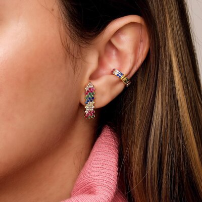 CONJUNTO DE BRINCOS ZIGZAG DOURADO E MULTICOLOR