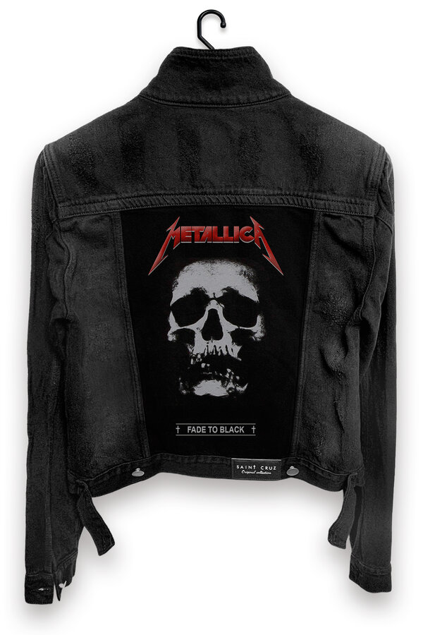 Jaqueta Jeans Rock Destroyed Customizada Feminina Preta Metallica