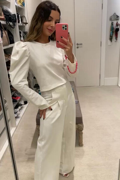 Conjunto Blusa de Malha com Pregas e Pantalona